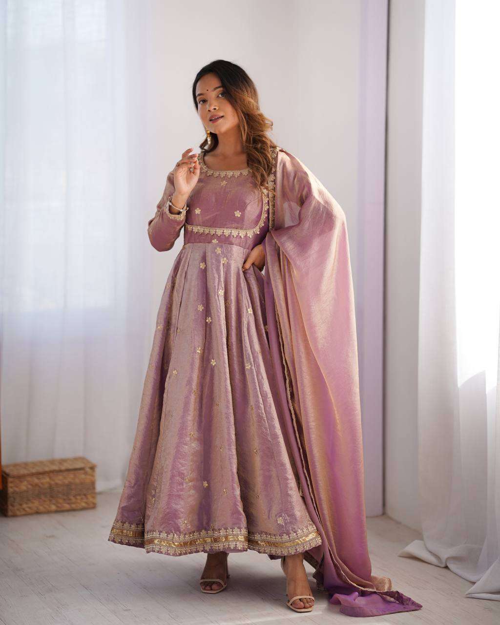 Women's Fandy Silk Coding with Sequnce work Long Anarkali Kurti Gown With Dupatta - Image 9