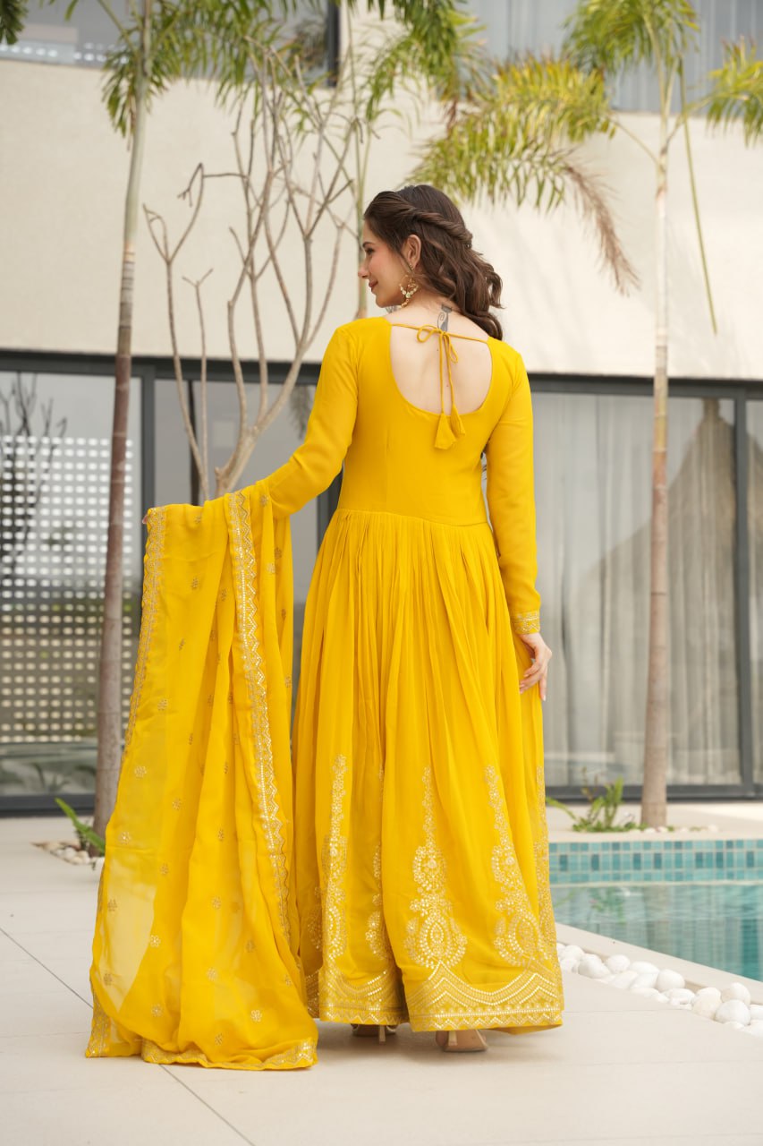 Women's Radiant Red Anarkali Suit Set with Golden Zari & Sequin Embroidery β Perfect for Festive & Wedding Occasions - Image 2