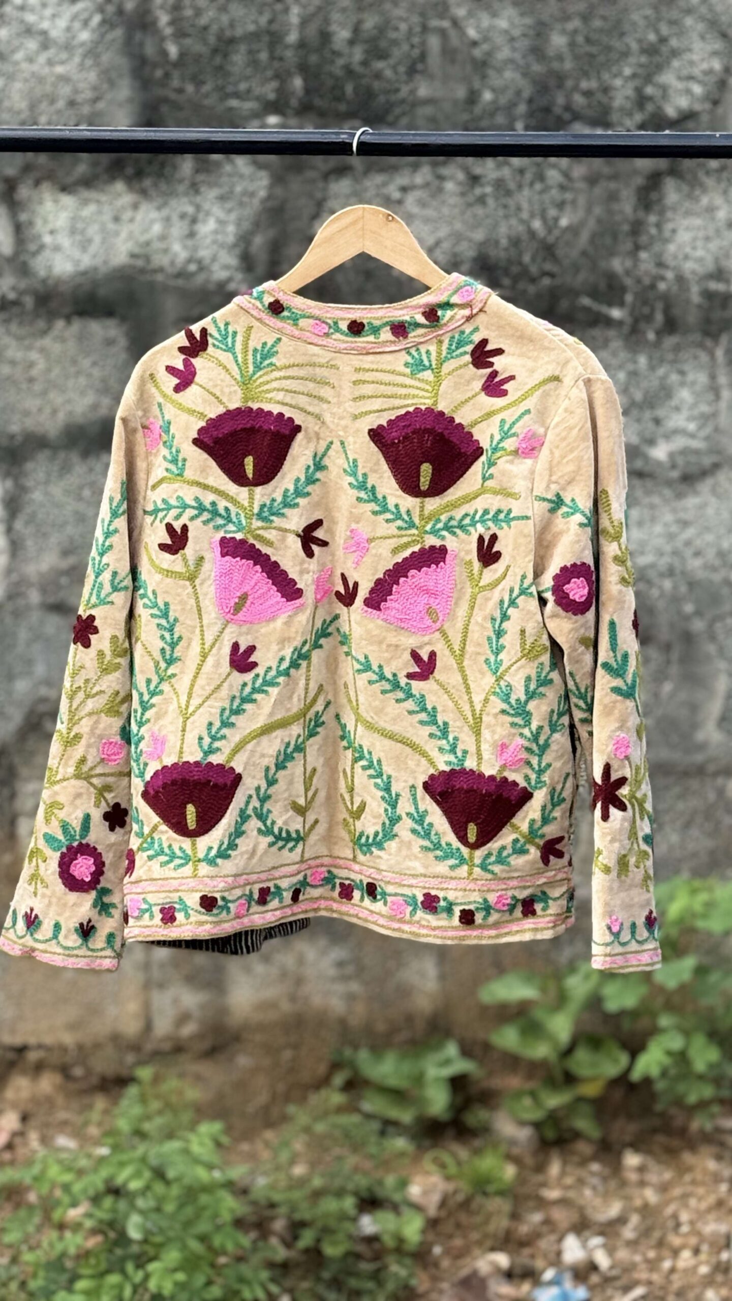 Womens Light Beige Velvet Embroidered Jacket with Floral Design - Image 3