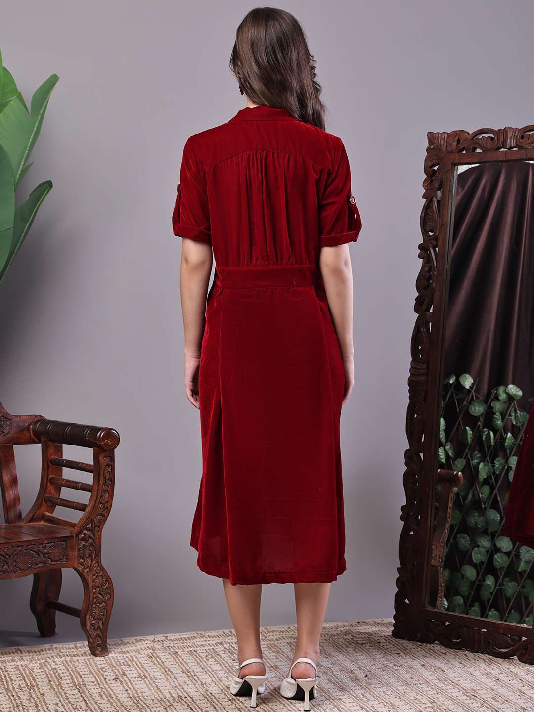 Women's Maroon Velvet Solid Printed Shirt Midi Dress with Belt - Image 2